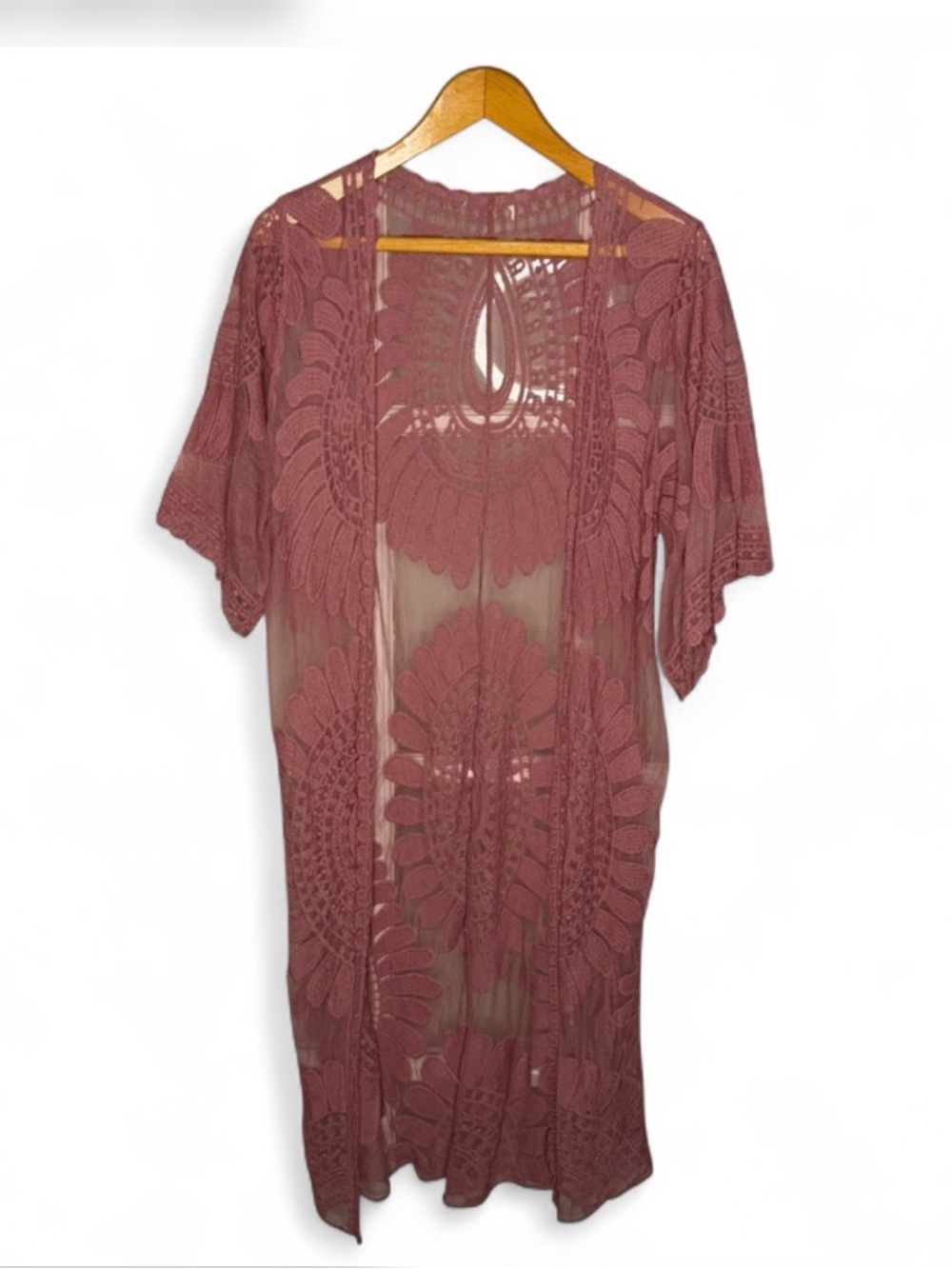 Dusty Rose Lace Kimono Duster – Boho Sheer Layer